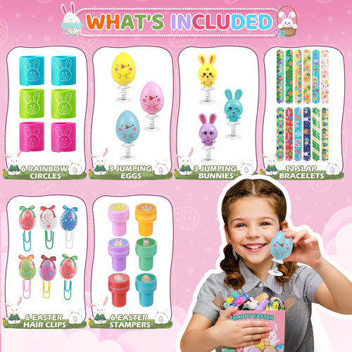 Easter toy set contents including rainbow circles, jumping eggs, jumping bunnies, slap bracelets, hair clips, and stampers, with a girl holding a jumping egg.