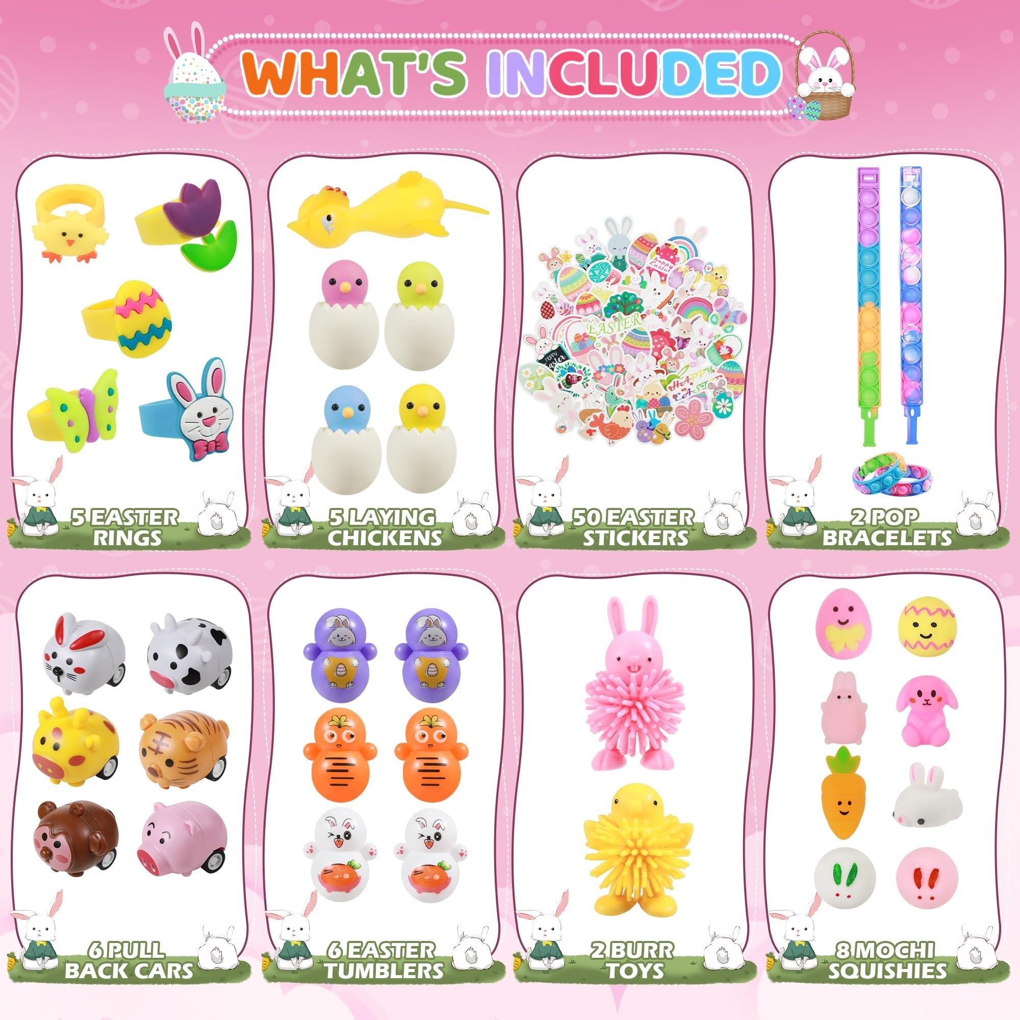 Easter toy set contents: rings, laying chickens, stickers, pop bracelets, pull back cars, tumblers, burr toys, and mochi squishies.