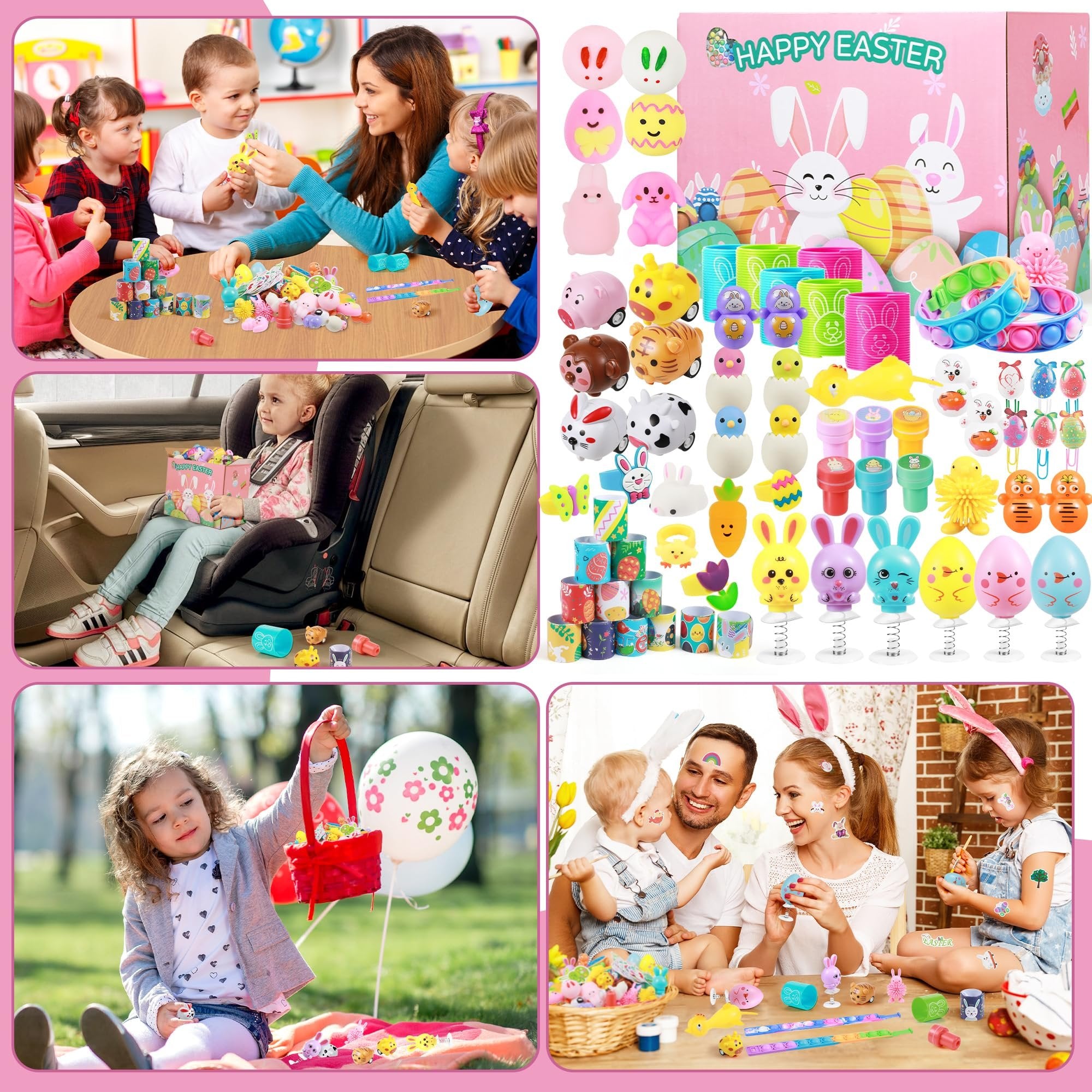 Collage of Easter toys and activities: children playing, toys in a car seat, and a family decorating eggs.