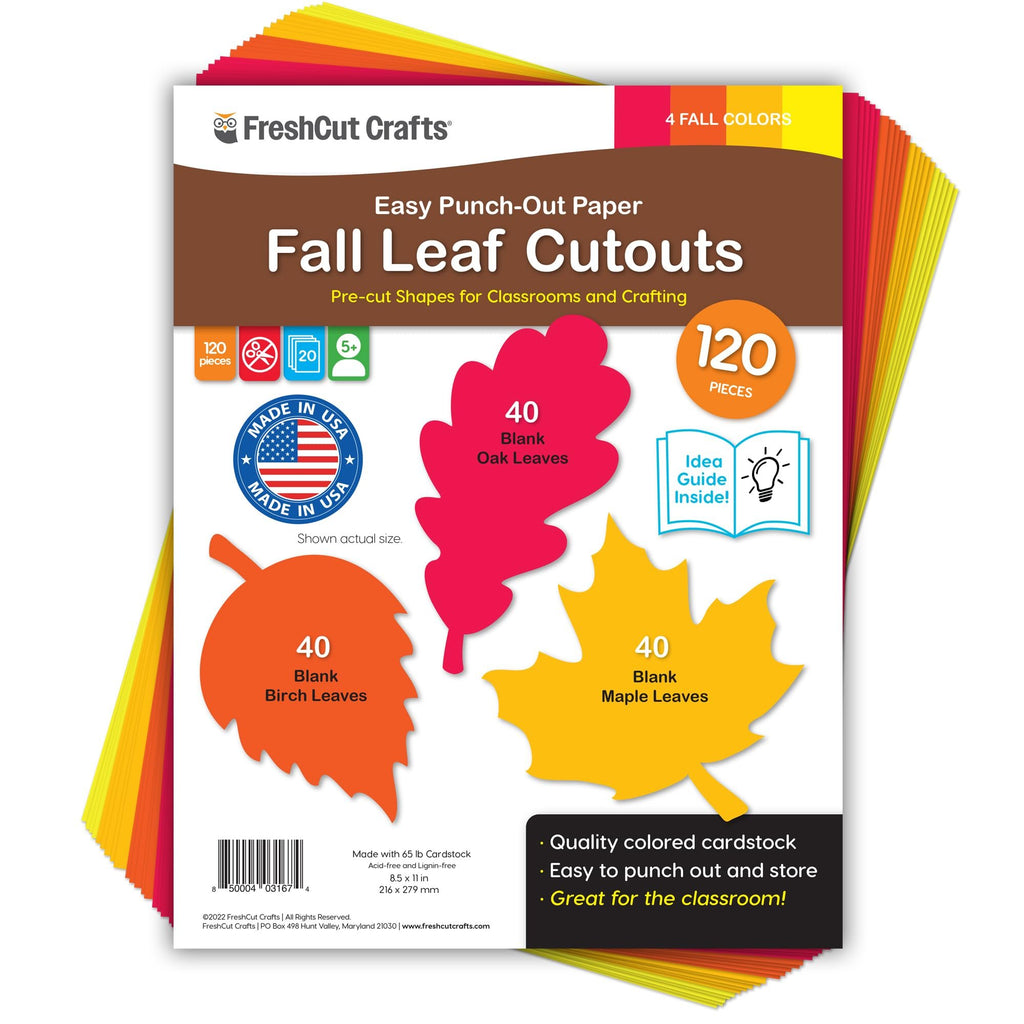 Fall leaf paper cutouts package showing red, orange, and yellow leaves, with text detailing quantity and features.