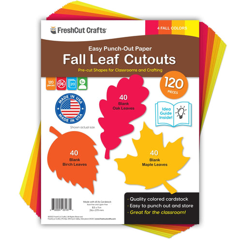 Fall leaf paper cutouts package showing red, orange, and yellow leaves, with text detailing quantity and features.
