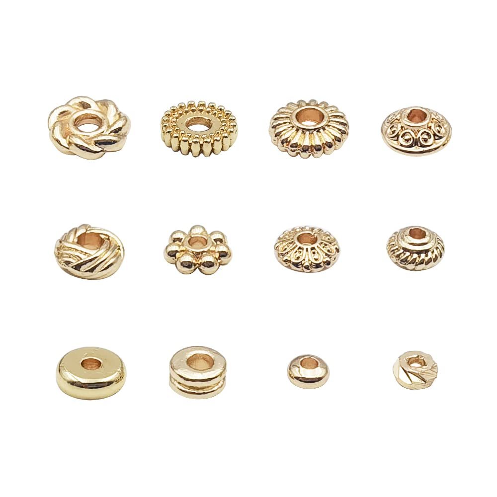 Twelve gold-plated spacer beads in various styles arranged in three rows on a white background.