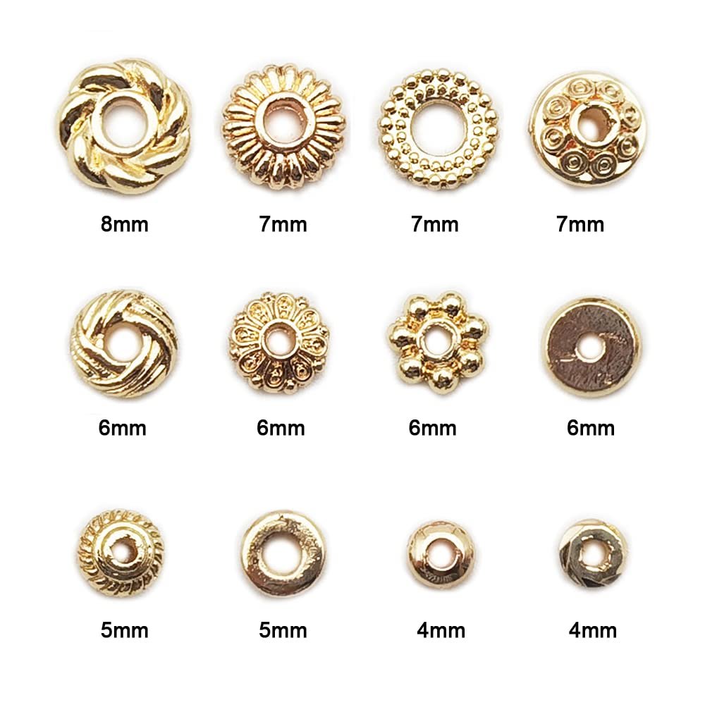 Twelve gold-plated spacer beads of various styles and sizes, each labeled with its diameter in millimeters.