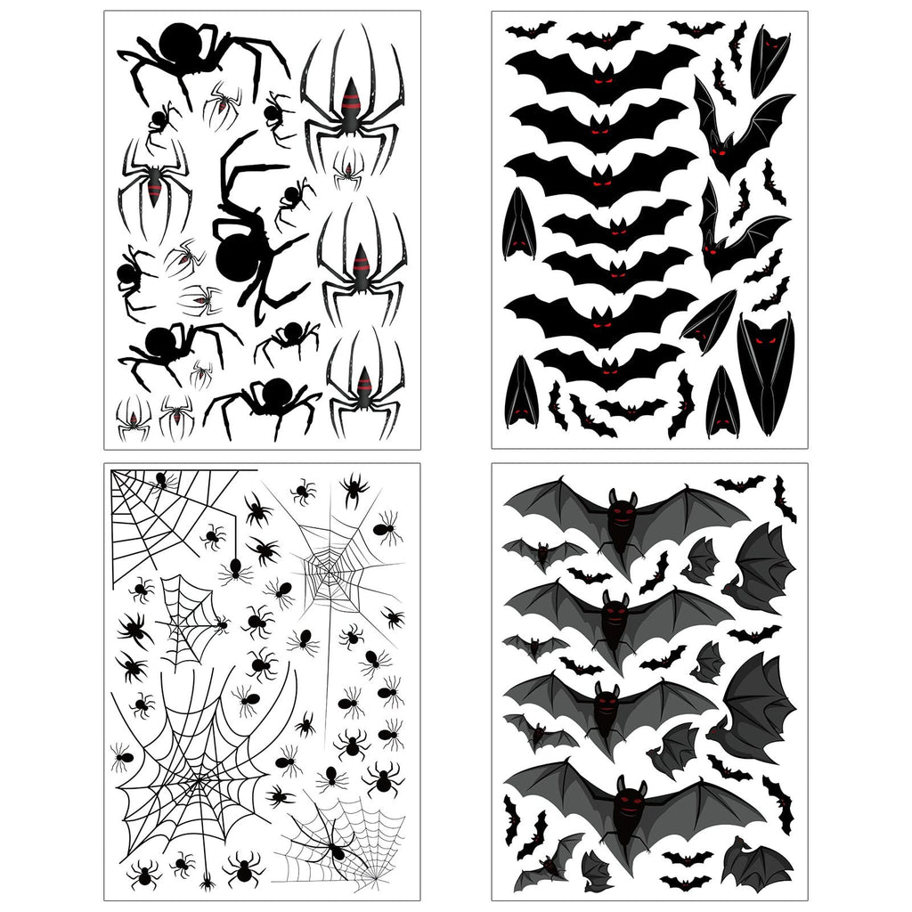 Four sheets of Halloween window clings featuring bats, spiders, and webs in black and grey with red accents.