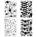 Four sheets of Halloween window clings featuring bats, spiders, and webs in black and grey with red accents.