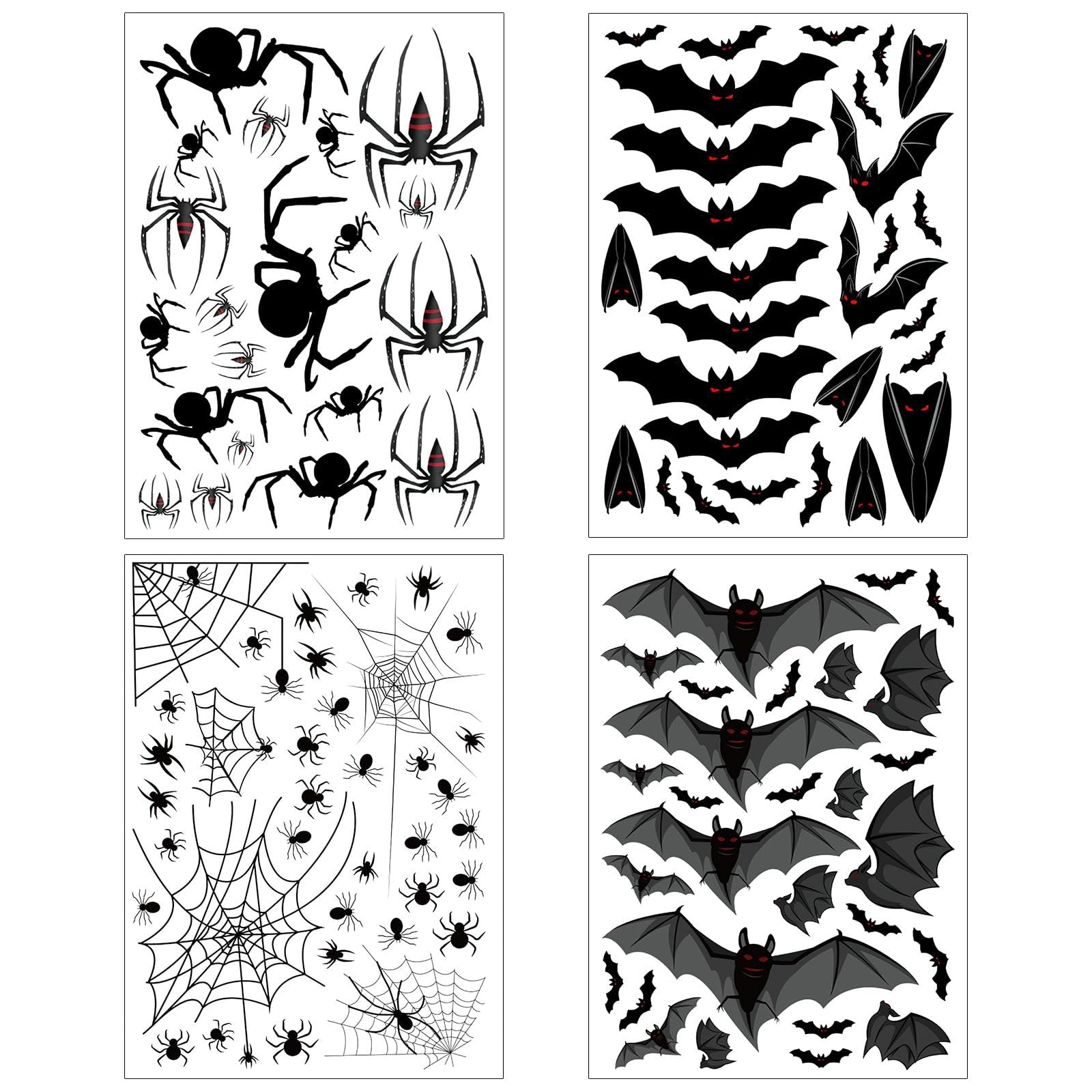 Four sheets of Halloween window clings featuring bats, spiders, and webs in black and grey with red accents.