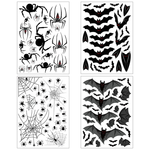 Four sheets of Halloween window clings featuring bats, spiders, and webs in black and grey with red accents.