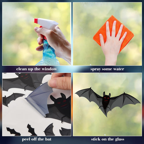 Collage showing steps to apply Halloween bat window clings: cleaning window, spraying water, peeling cling, and sticking to glass.