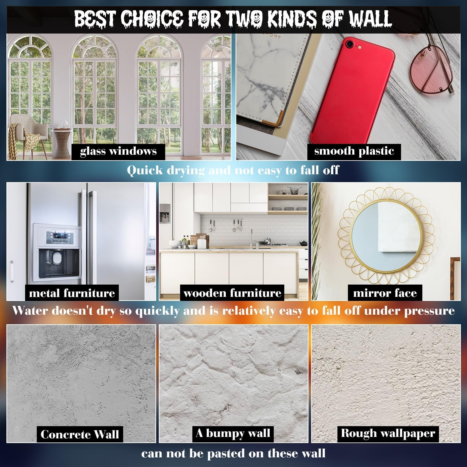Collage showing various surfaces and items, illustrating where decals can and cannot be applied.