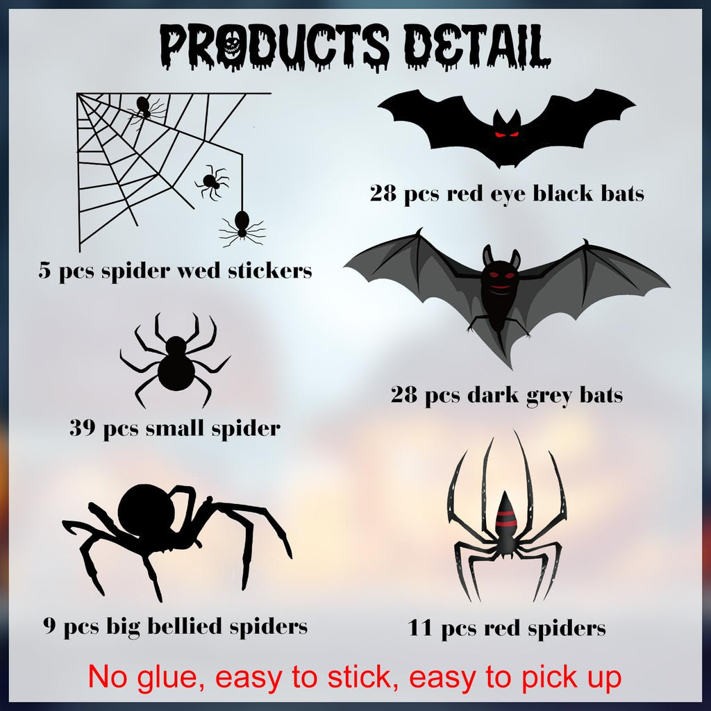 Halloween window clings featuring bats, spiders, and spiderwebs with quantity labels.
