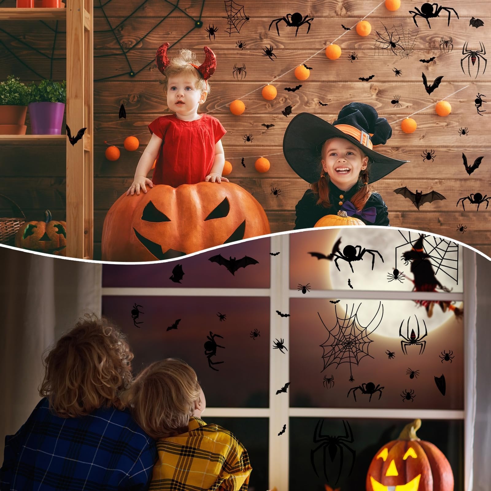 Two children in Halloween costumes looking at window clings of bats and spiders on a window and wall.