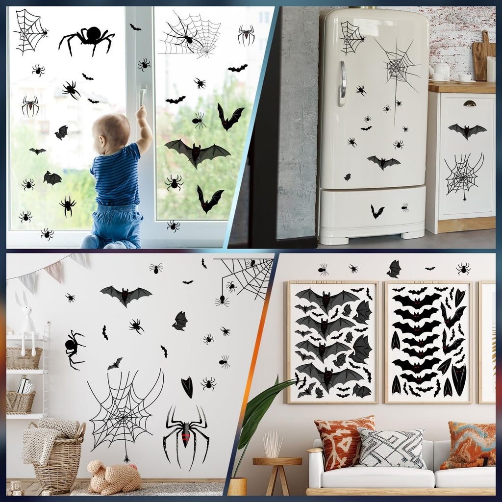 Collage of Halloween window clings featuring bats, spiders, and webs applied to windows, a refrigerator, and walls.
