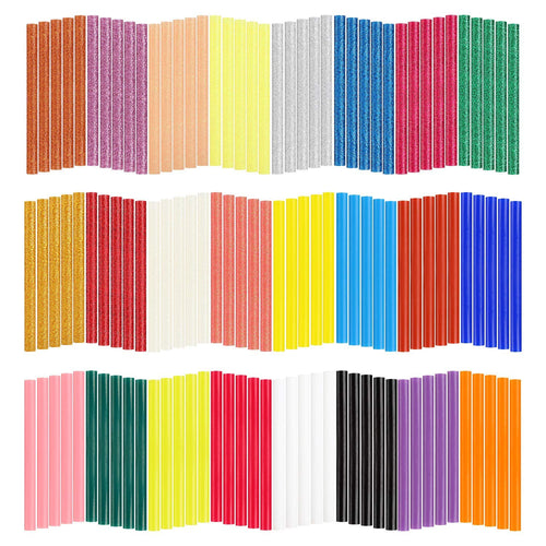 Assortment of 120 mini hot glue sticks in 24 glitter and solid colors, arranged in rows on a white background.