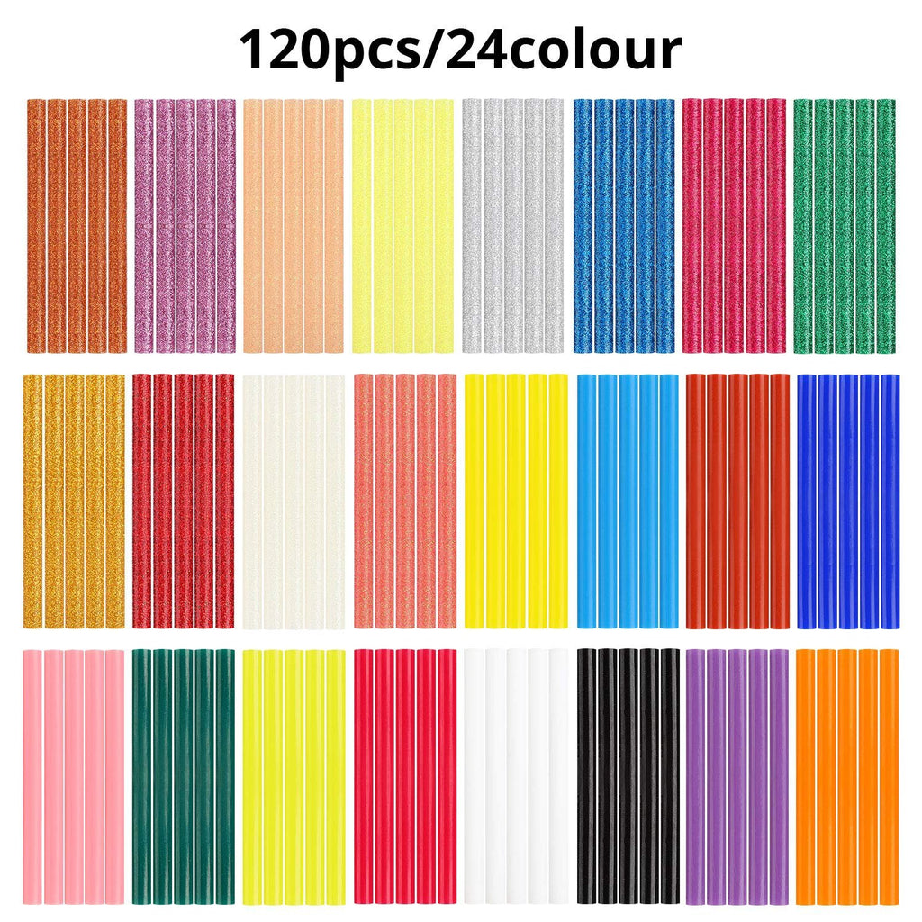 Assortment of 120 mini hot glue sticks in 24 glitter and solid colors, arranged in rows.