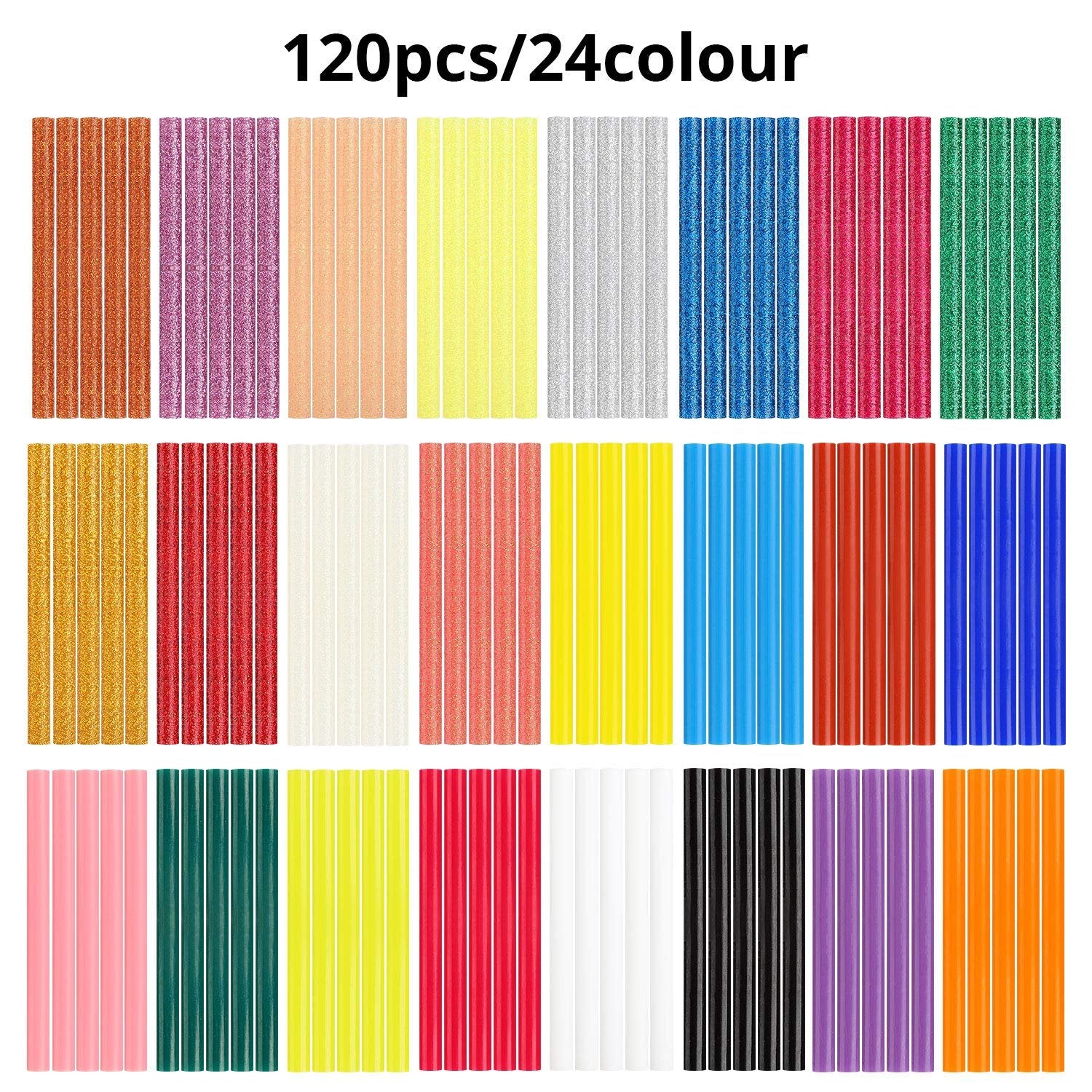 Assortment of 120 mini hot glue sticks in 24 glitter and solid colors, arranged in rows.