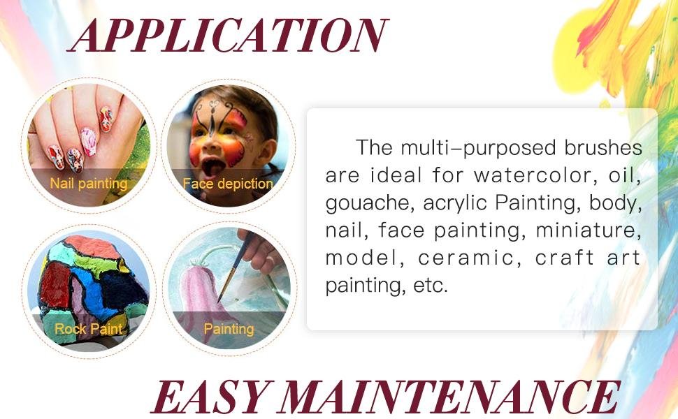 Collage showing applications for paint brushes: nail art, face painting, rock painting, and general painting.