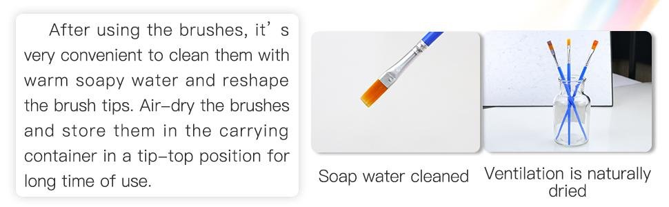 Paint brushes being cleaned and air-dried in a glass bottle, with instructional text.