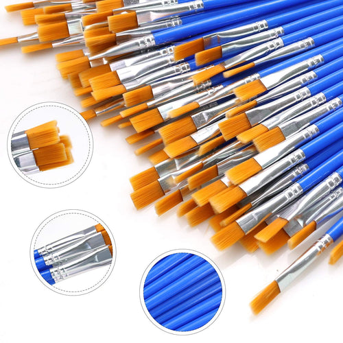 Close-up of a large bundle of nylon paint brushes with orange bristles and blue handles, showing detail of ferrules and bristles.