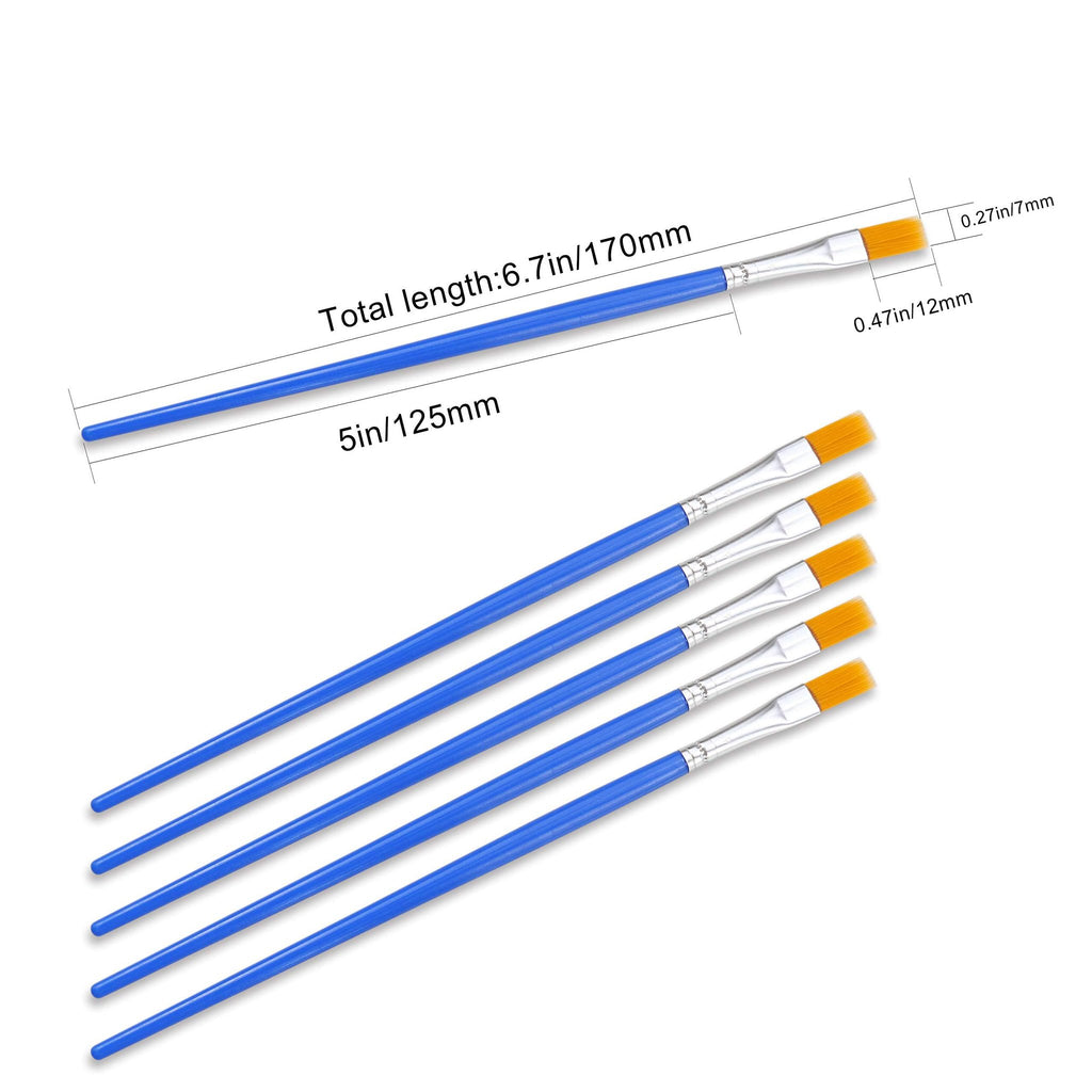 Flat nylon paint brushes with blue handles, showing dimensions and length