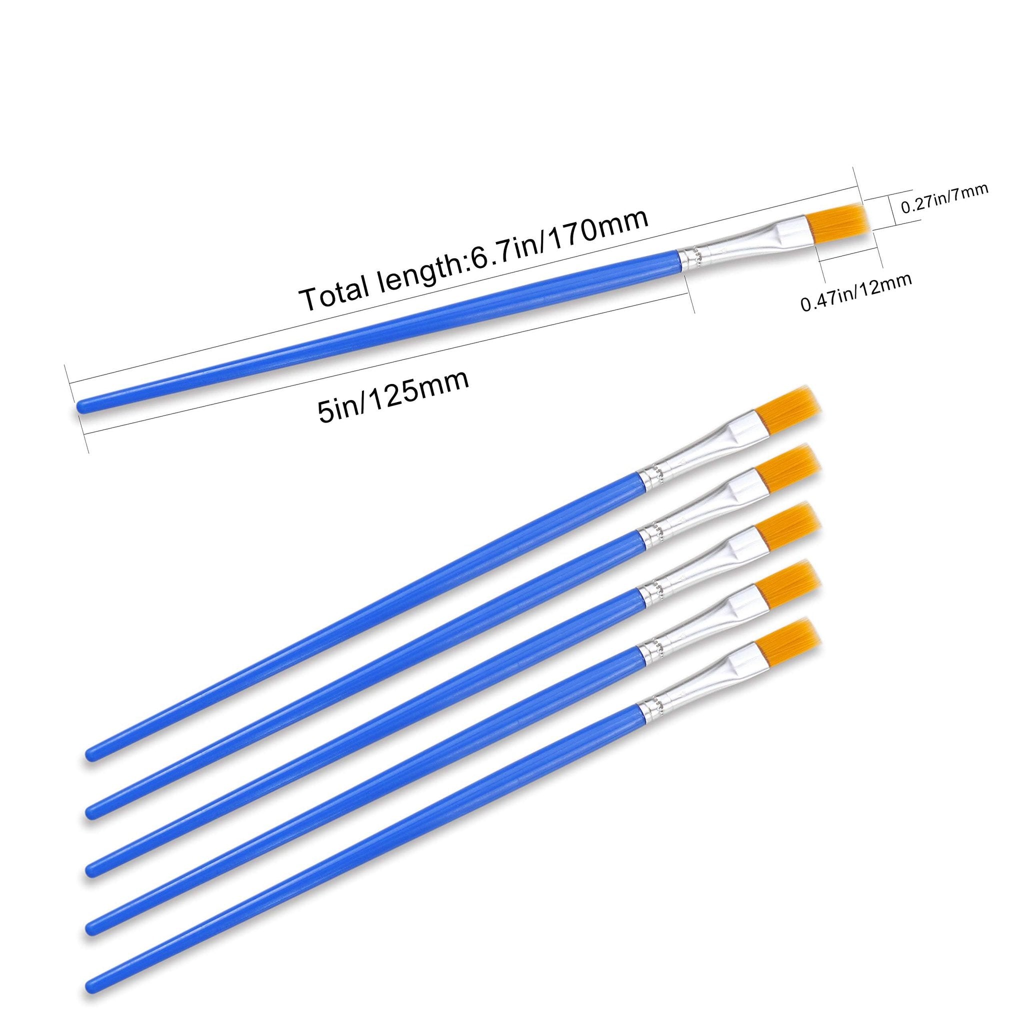 Flat nylon paint brushes with blue handles, showing dimensions and length