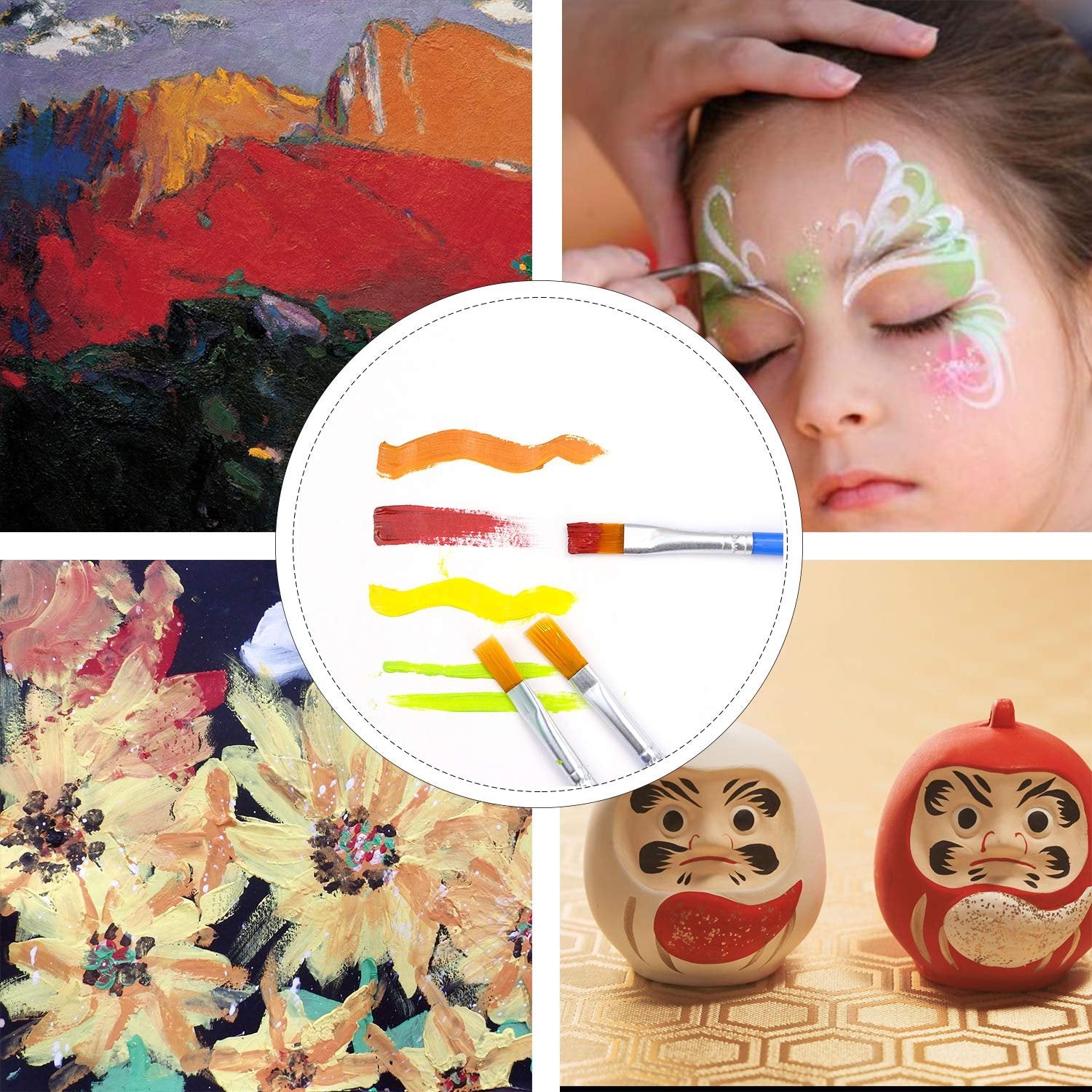 Collage of four images: abstract landscape painting, face painting on a child, paint swatches with brushes, and two daruma dolls.