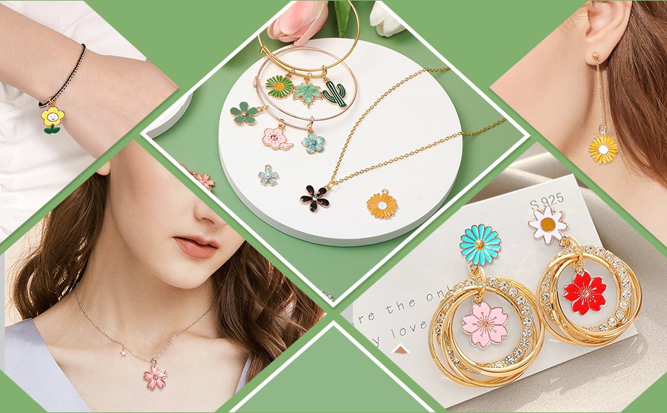 Collage of spring flower enamel charms and jewelry: bracelet, necklace, earrings, and loose charms.