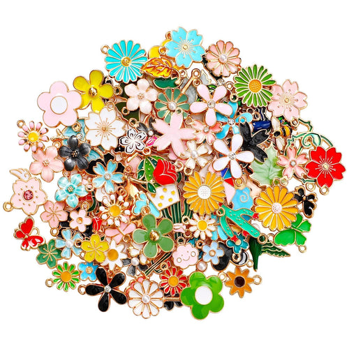 Assortment of 120 colorful enamel flower charms with gold-plated zinc alloy findings for jewelry making.