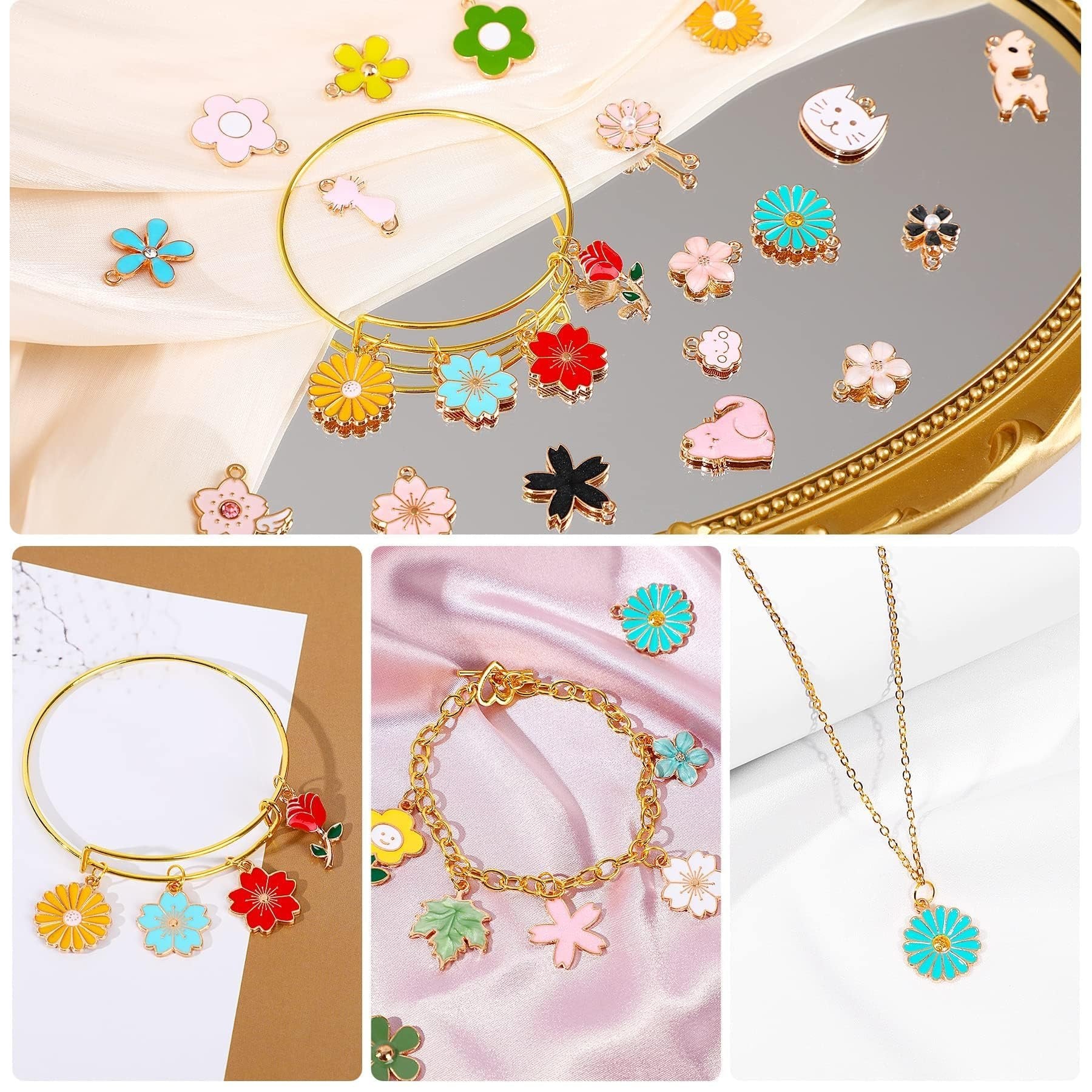 Collage of colorful enamel flower charms and jewelry making components.