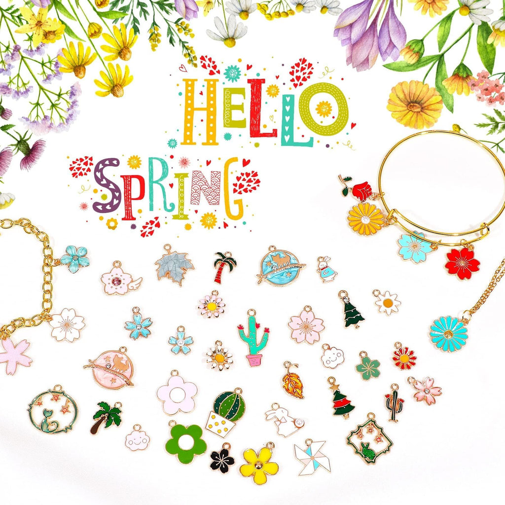 Assortment of spring-themed enamel charms including flowers, cacti, trees, and animals, scattered on a white background with floral borders.