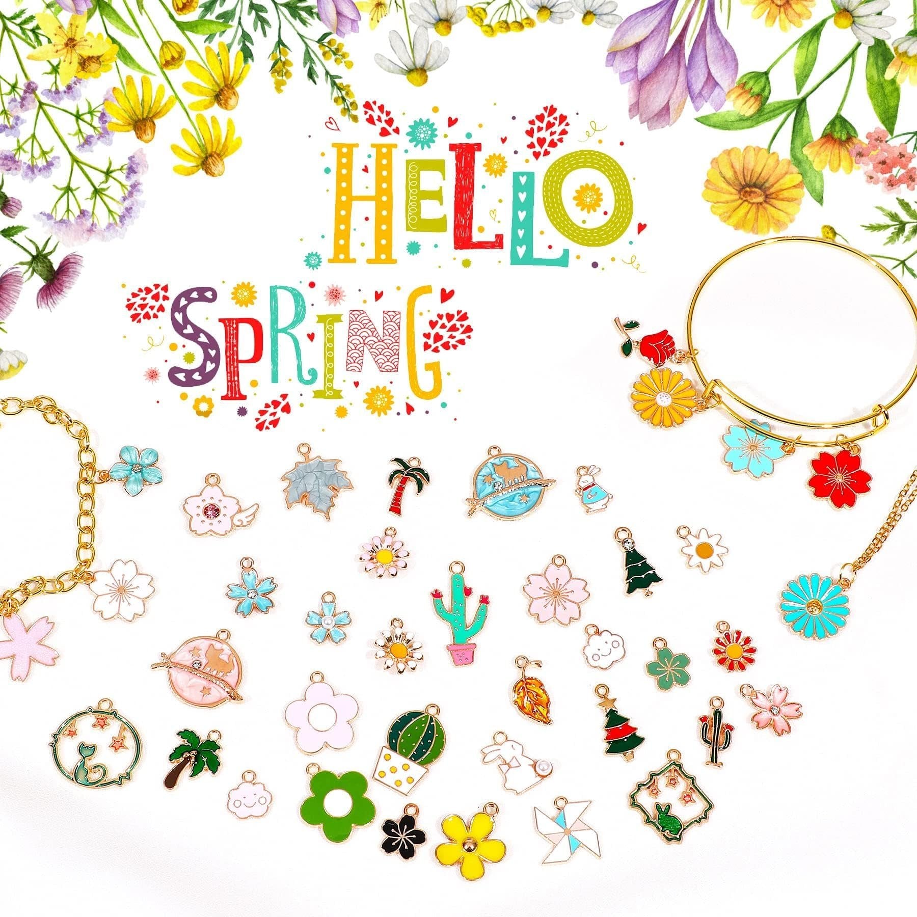 Assortment of spring-themed enamel charms including flowers, cacti, trees, and animals, scattered on a white background with floral borders.
