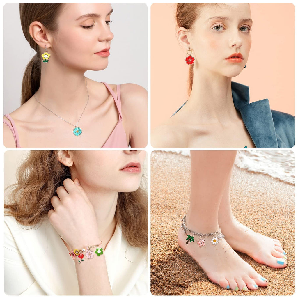 Collage of four lifestyle images showing spring flower enamel charms worn as jewelry: earrings, necklace, bracelet, and anklet.