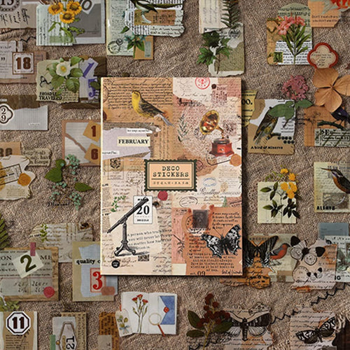 Collage of retro nature flower and butterfly junk journal stickers on a burlap background