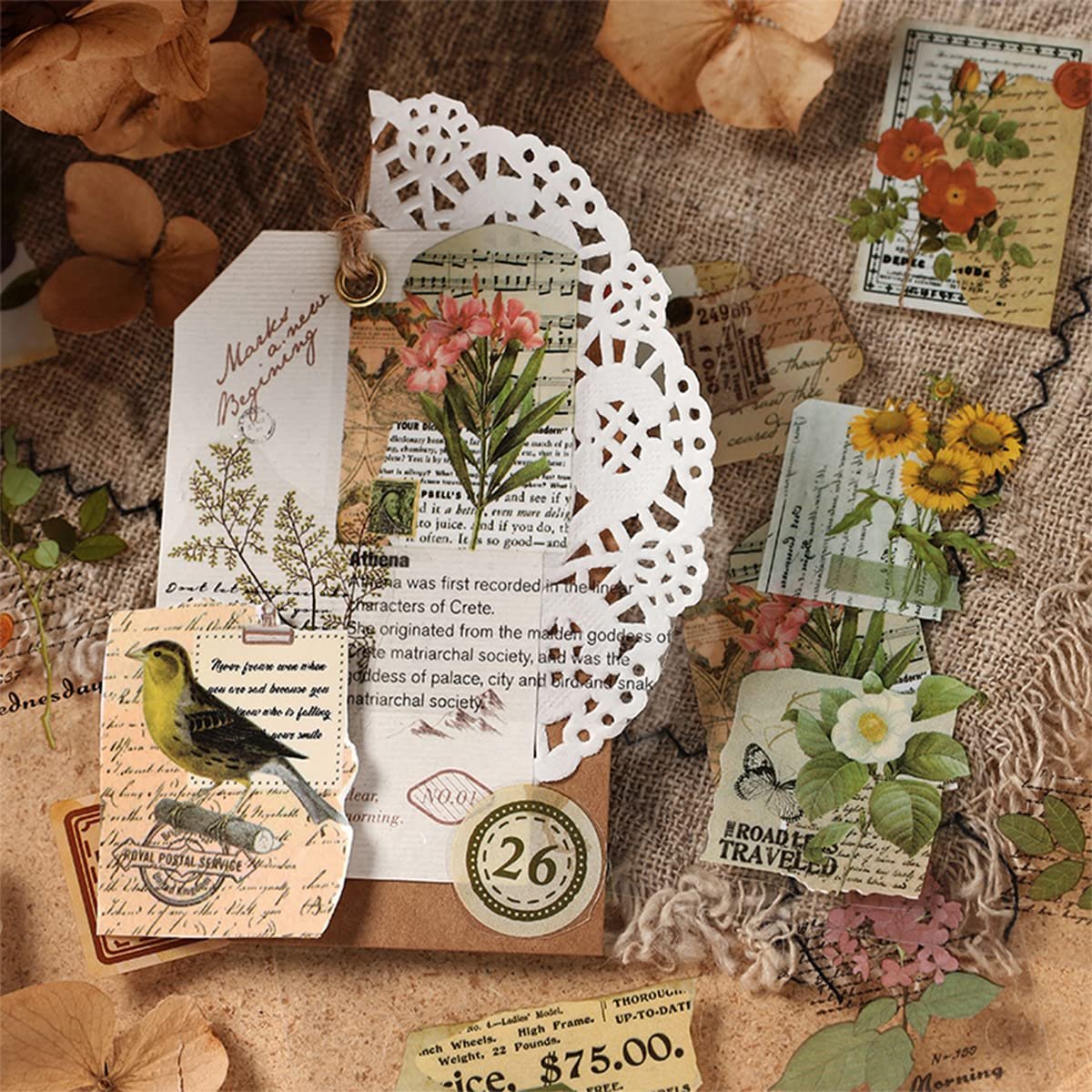 Collage of retro nature flower butterfly junk journal stickers and decorative paper elements on a burlap background.