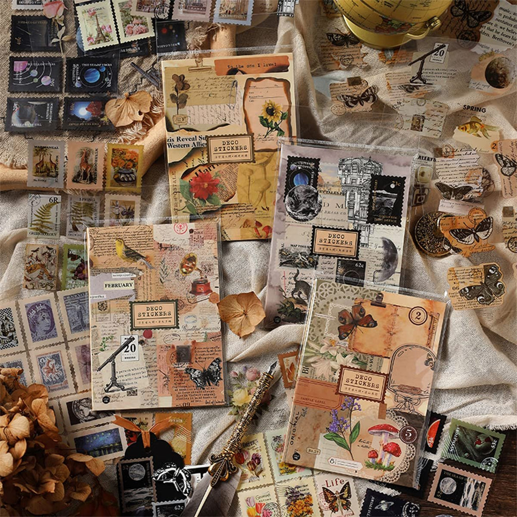 Collage of retro nature and butterfly junk journal stickers with vintage postage stamp designs.