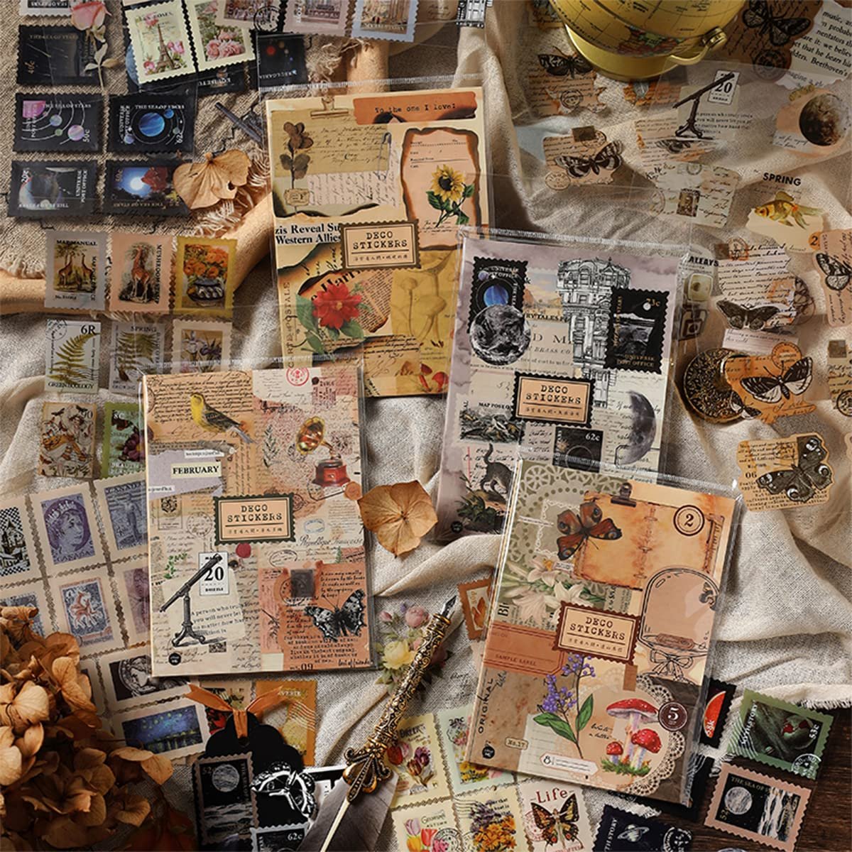 Collage of retro nature and butterfly junk journal stickers with vintage postage stamp designs.