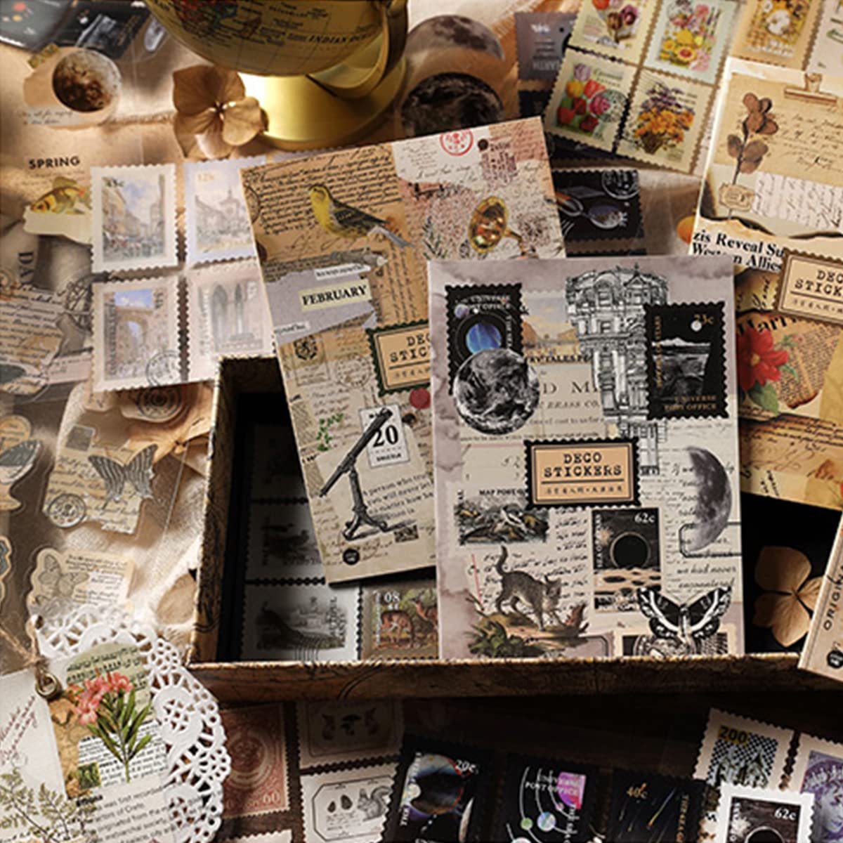 Assortment of retro nature and butterfly junk journal stickers with vintage designs and stamps.