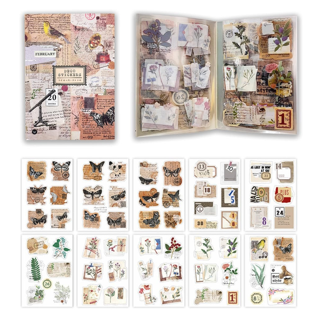 Collage of transparent PET junk journal stickers featuring nature, flowers, and butterflies, displayed in a binder and as individual sheets.