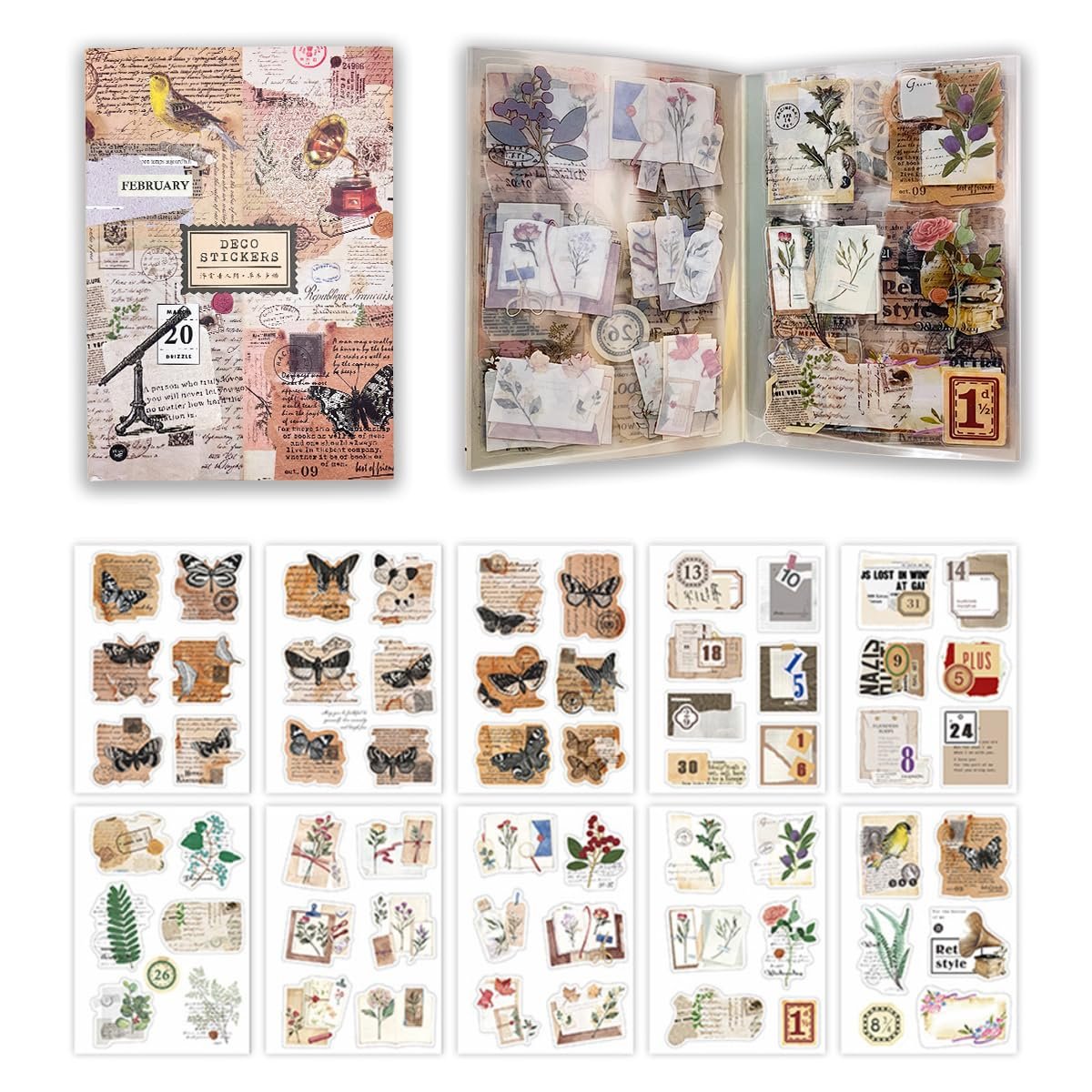 Collage of transparent PET junk journal stickers featuring nature, flowers, and butterflies, displayed in a binder and as individual sheets.