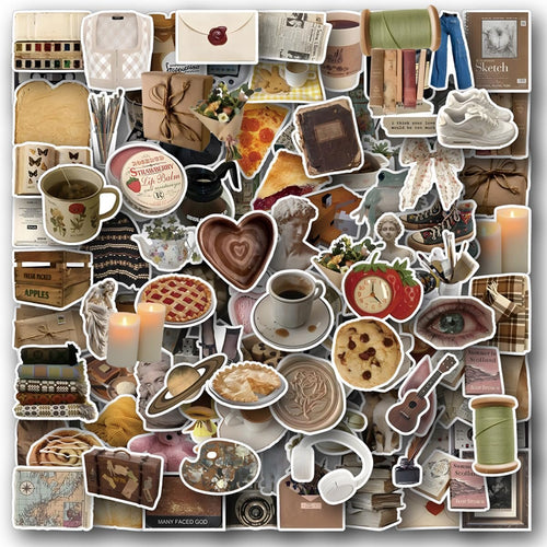 Collage of vintage aesthetic stickers featuring food, books, clothing, and decorative items.