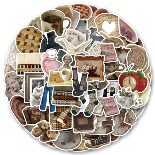 Collage of vintage aesthetic stickers featuring pies, clothing, books, statues, and household items.