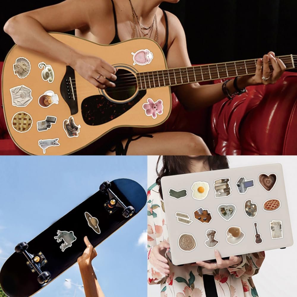 Collage of vintage aesthetic stickers applied to a guitar, skateboard, and laptop.