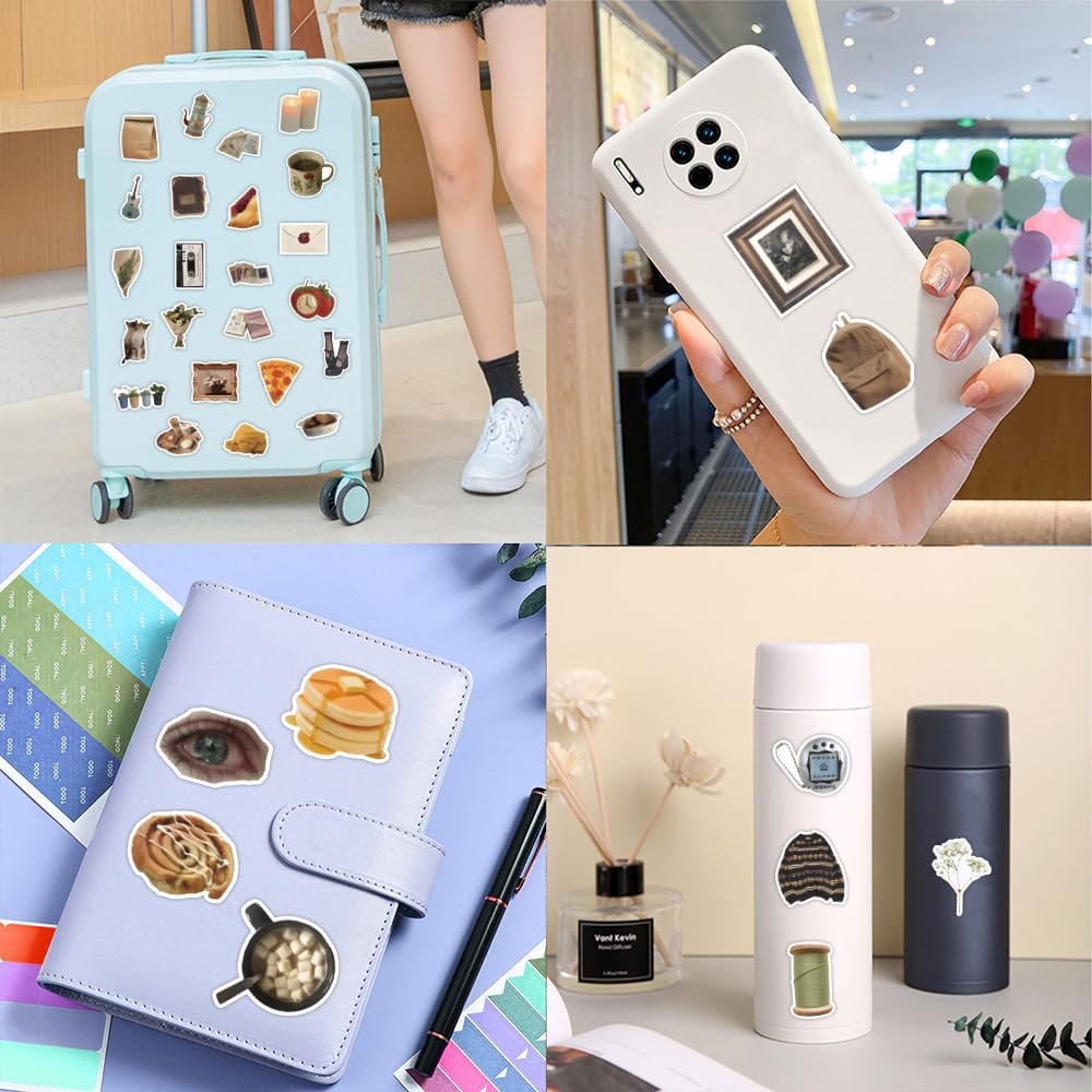 Collage of vintage aesthetic stickers applied to various items like a suitcase, phone case, notebook, and water bottle.