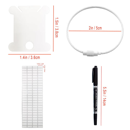 Set of embroidery floss bobbins, labels, a marker pen, and a metal storage ring with dimensions indicated.