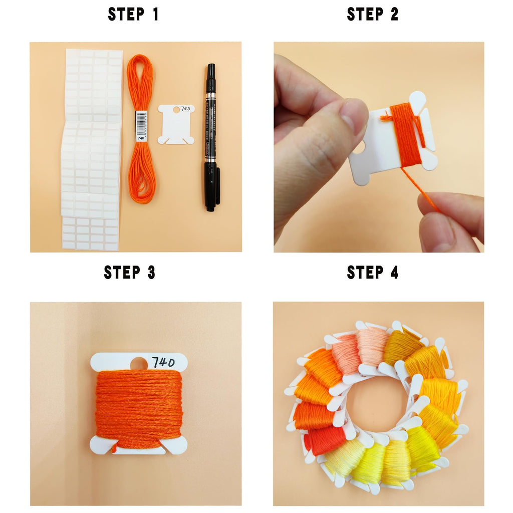Four steps showing how to wind embroidery floss onto bobbins and arrange them in a circle.
