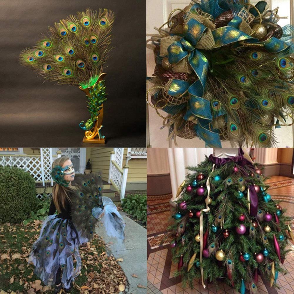 Collage of four images showing peacock feathers used in crafts and decorations: a fan display, a wreath, a costume, and a decorated Christmas tree.