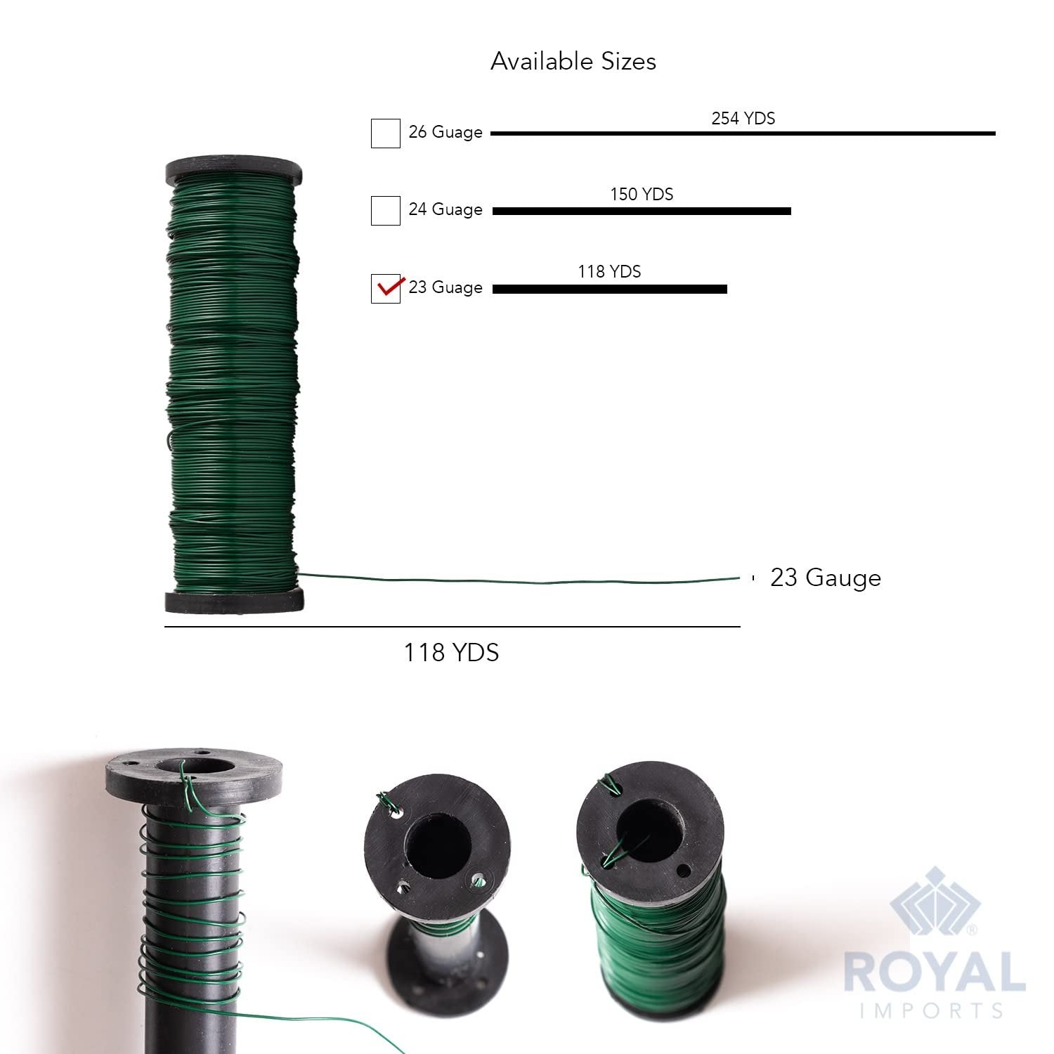 Spool of green paddle wire with available sizes chart and close-ups of wire spools.