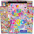 Collection of sticker sheets and a tablet book featuring colorful designs and over 1200 stickers.
