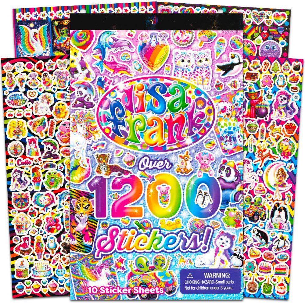Collection of sticker sheets featuring colorful animals, hearts, and characters, with a central book displaying "Over 1200 Stickers!"