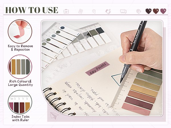 Hand using a marker on a notebook with translucent annotation tabs and a ruler nearby. Includes inset images showing tab removal, color variety, and tabs with rulers.