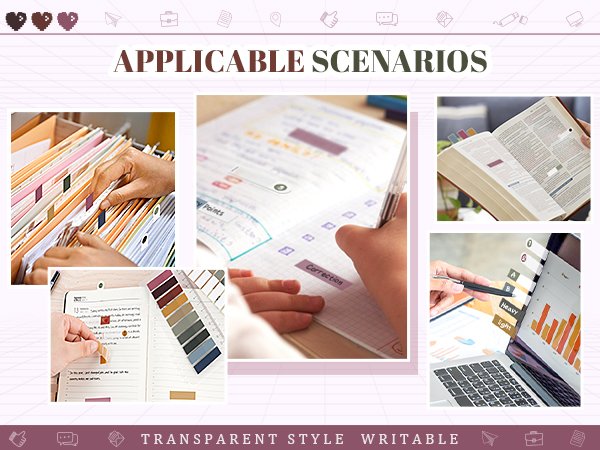 Collage of translucent sticky tabs used in various scenarios: filing documents, marking a notebook, indexing a book, and labeling a laptop chart.